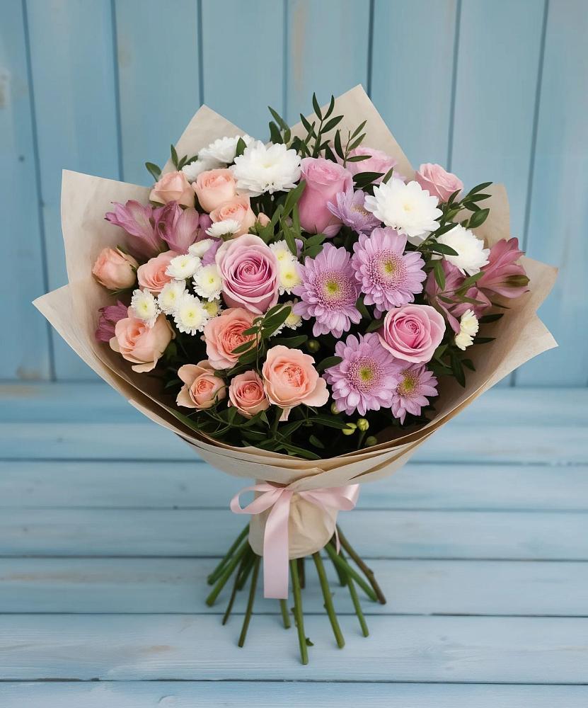 Букет цветов из: Хризантемы, Розы и Альстромерии в Яблочном