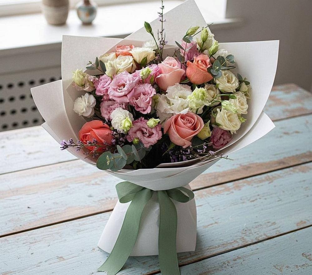 Букет цветов из: Розы, Лизиантусы и Гвоздики в Яблочном