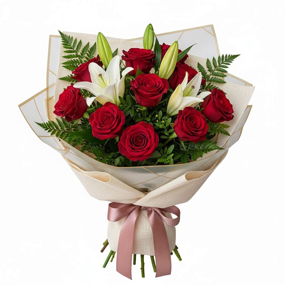 Букет цветов из: Лилии и Розы в Яблочном