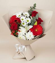 Букет цветов из:  Розы, Хризантемы, Герберы и Лилии #REPLACE_PRED# Яблочном