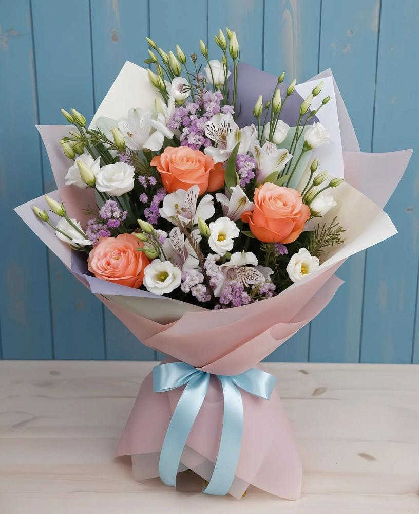 Букет цветов из: Лизиантусы, Розы, Альстромерии и Гипсофила в Яблочном