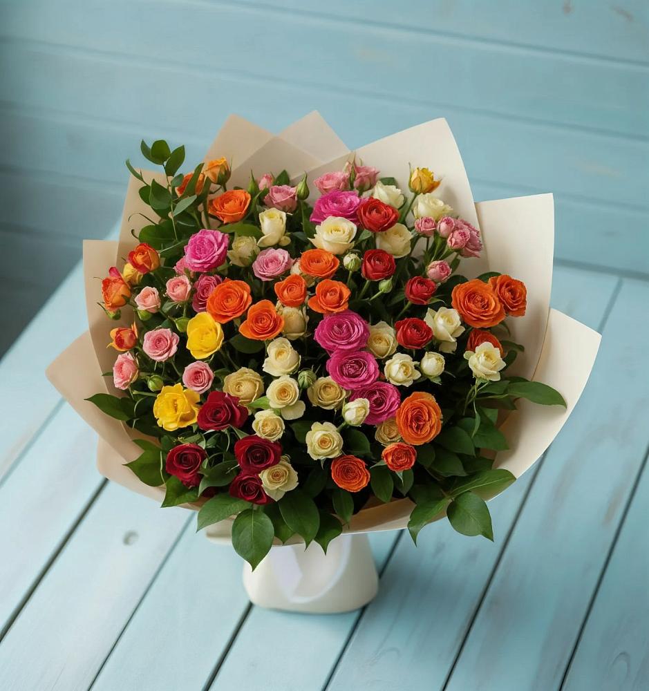 Букет Микс из разноцветных кустовых роз в Яблочном