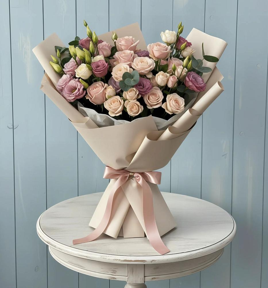 Букет цветов из: Розы и Лизиантусы в Яблочном