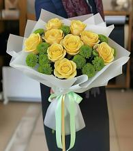 Букет цветов из:  Хризантемы и Розы #REPLACE_PRED# Яблочном