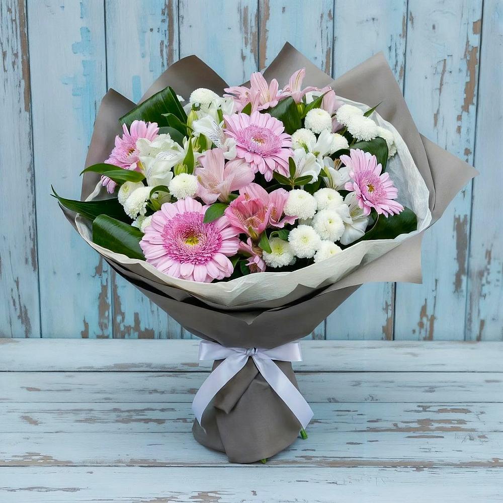 Букет цветов из: Герберы, Альстромерии и Хризантемы в Яблочном