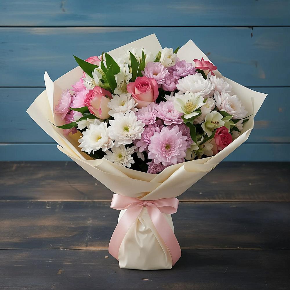 Букет цветов из: Хризантемы, Альстромерии и Розы в Яблочном